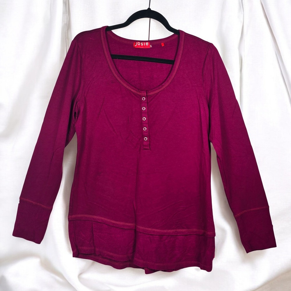 Josie Natori Fleece Top Women Medium Long Sleeve Henley Burgundy Soft Base Layer